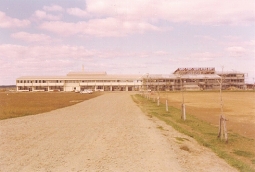 完成した小学校（左）と、隣接して建設中の中学校（右）。　（大潟村干拓博物館蔵）