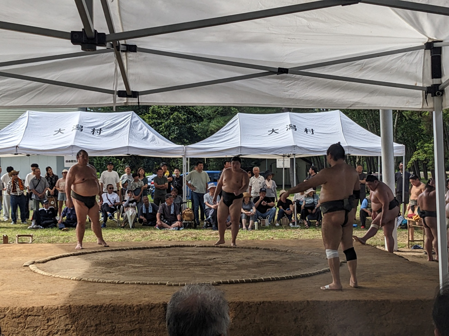 Sumo wrestlers getting in position